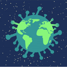 A cartoon of the Earth as a coronavirus particle.