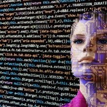 A robotic-looking woman's face behind a wall of computer code.