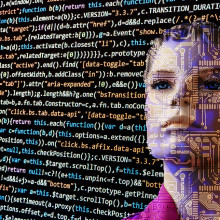 A robotic-looking woman's face behind a wall of computer code.