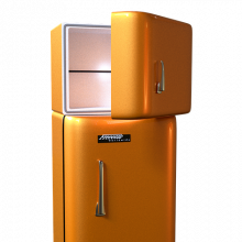 Orange freezer-fridge with the upper freezer door half open