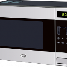 A silver digital microwave
