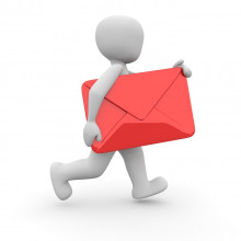 A CG image of a white figure carrying a large red envelope