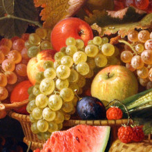 A still life oil painting of a basket overflowing with fruit.