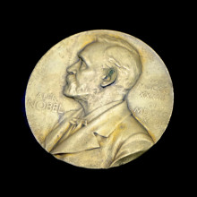 A Nobel Prize medal on a black background.