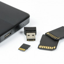 A hard drive, a thumb drive, and some SD cards.