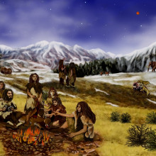 Snowy landscape with a group of early humans.