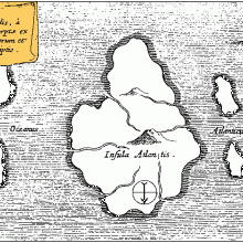Athanasius Kircher's map of Atlantis, placing it in the middle of the Atlantic Ocean, from Mundus Subterraneus 1669, published in Amsterdam. The map is oriented with south at the top.