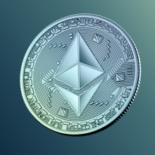 A coin with the Ethereum logo.