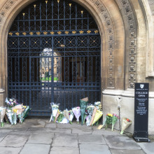 Flowers laid in memory of Stephen Hawking at Gonville and Caius College, Cambridge