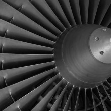 The fan on the front of a large jet engine