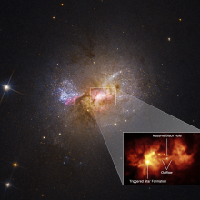 Image of galaxy Henize 2-10 with cut out of black hole forming stars