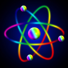 An atom graphic coloured with a rainbow gradient