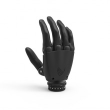 A black prosthetic hand against a white background
