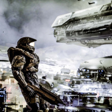 Master Chief from Halo looking at a spaceship covered in snow