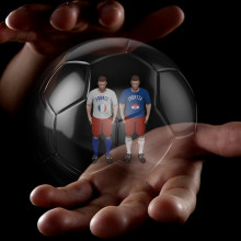 Football players inside a see-through football