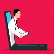 A doctor coming out of a computer screen A doctor coming out of a computer screen