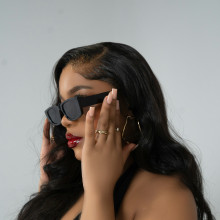 A womean wearing a wig