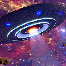 Artists impression of an alien spacecraft resembling a flying saucer in space