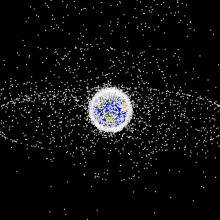 Image representing the amount of space junk around the earth: dots are not to scale. 