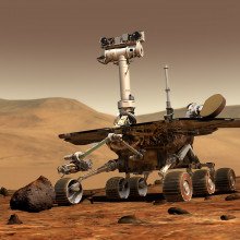 The picture shows an illustration of a rover on Mars.