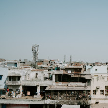 Phone tower overlooks a built-up area