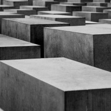 A grayscale photo of the Holocaust Memorial in Berlin