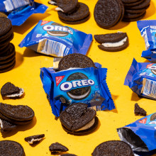 Oreo biscuits on a yellow background