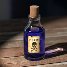 A bottle marked with a skull and crossbones, and the word poison, containing a dark purple liquid