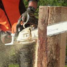 Someone using a chainsaw to cut through a tree stump.