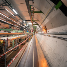 A view down one of the tunnels of the Large Hadron Collider.