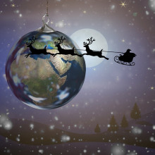 Santa's reindeer flying around the globe