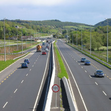 motorway verge, median barrier on the N11 dual-carriageway looking south towards the Glen of the Downs in Co. Wicklow, Ireland