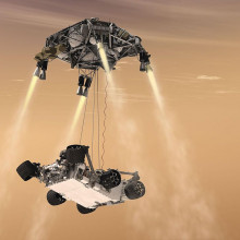  This artist's concept shows the sky crane maneuver during the descent of NASA's Curiosity rover to the Martian surface. The entry, descent, and landing (EDL) phase of the Mars Science Laboratory mission begins when the spacecraft reaches the Martian...