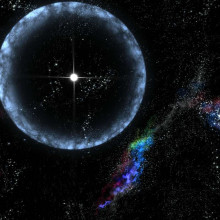 An artists's concept of the 2004 occurence in which a neutron star underwent a \star quake\, causing it to flare brightly, temporarily blinding all x-ray satellites in orbit.