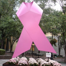 Giant pink ribbon on the corner of 5th and Market, downtown Louisville, KY (10-5-06)