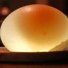 An egg left in vinegar over 24 hours. When you shine a light on it you can see inside.