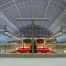 Eurostar trains in the renovated St Pancras Station, London.