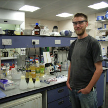 Bath University PhD Student Chris Chuck with a fresh batch of bio diesel, made from vegetable oil