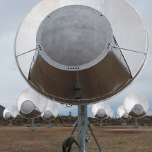  Closeup front view of one antenna of the Allan Telescope Array, a radio telescope for combined radio astronomy and SETI (Search for Extraterrestrial Intelligence) research being built by the University of California at Berkeley, outside San...