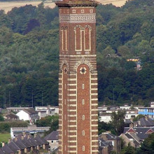 Cox's Stack, a chimney from the former Camperdown works jute mill. The chimney takes its name from jute baron James Cox who later became Lord Provost of the city