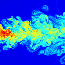 A false-color image of the far-field of a submerged turbulent jet, made visible by means of laser induced fluorescence (LIF).