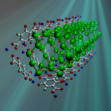  MOF-74 resembles a series of tightly packed straws comprised mostly of carbon atoms (white balls) with columns of zinc ions (blue balls) running down the walls. Heavy hydrogen molecules (green balls) adsorbed in MOF-74 pack into the tubes more...