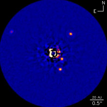 One of the discovery images of the system obtained at the Keck II telescope using adaptive optics system and the NIRC2 Near-Infrared Imager. Image shows all four confirmed planets.