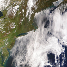 Satellite image of ship tracks, clouds created by the exhaust of ship smokestacks.