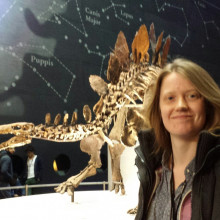 Sophie the Stegosaurus and Natural History Museum dinosaur researcher Charlotte Brassey