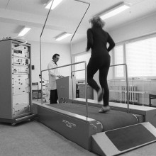 Testing on a treadmill at the functional diagnosis and sports test room at the medical center of the Olympic village during the 22nd Summer Olympic Games.